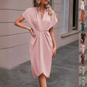 Pleated Dresses Summer Batwing Sleeve Dress Fashion V-neck Short Sleeve Womens Clothing