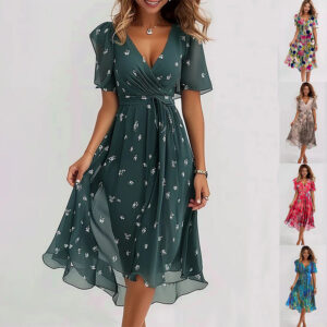 Summer Elegant Chiffon Printed Short Sleeve Dress V-neck Dresses Womens Clothing