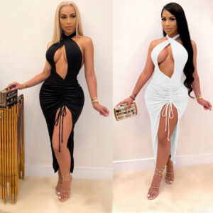 Sexy High Slit Dress Slim Pleated Look