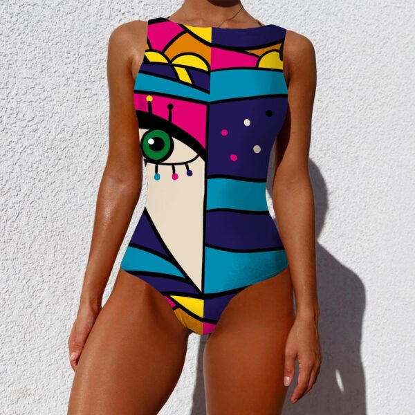 Fashion One-piece Swimsuit Vintage Abstract Print Sleeveless Round Neck Bikini Women Summer Push Up