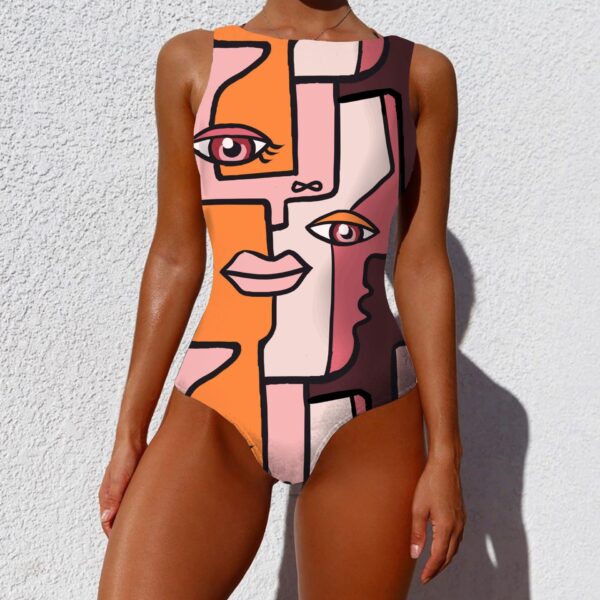 Fashion One-piece Swimsuit Vintage Abstract Print Sleeveless Round Neck Bikini Women Summer Push Up - Image 6