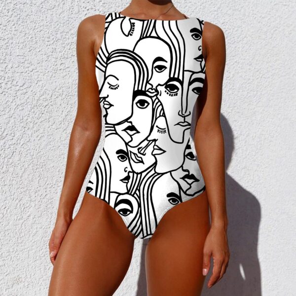 Fashion One-piece Swimsuit Vintage Abstract Print Sleeveless Round Neck Bikini Women Summer Push Up - Image 3