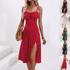 New Sexy Split Suspender Dress Polka Dot Print Summer Long Dresses For Womens Clothing