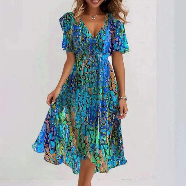 Summer Elegant Chiffon Printed Short Sleeve Dress V-neck Dresses Womens Clothing - Image 9