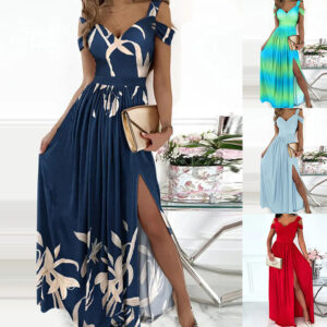 Party Beach V-neck Boho Spaghetti Strap Dress Women Split Long Flowy Dresses