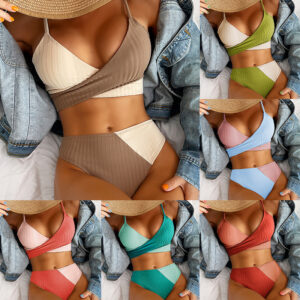 Women’s Ribbed Bikini Patchwork Swimwear Knot Back Ruched Butt Bathing Suits