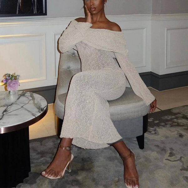 One-Shoulder Knitted Long Sleeve Dress Sexy Beach Holiday Womens Clothing - Image 2
