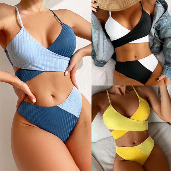 Women’s Ribbed Bikini Patchwork Swimwear Knot Back Ruched Butt Bathing Suits - Image 9