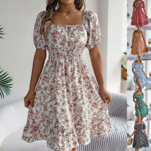 Summer Fashion Floral Print Square Collar Dress Ruffles Dresses Women's Clothing