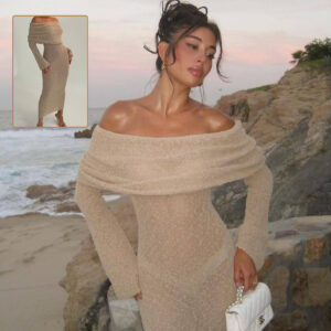 One-Shoulder Knitted Long Sleeve Dress Sexy Beach Holiday Womens Clothing