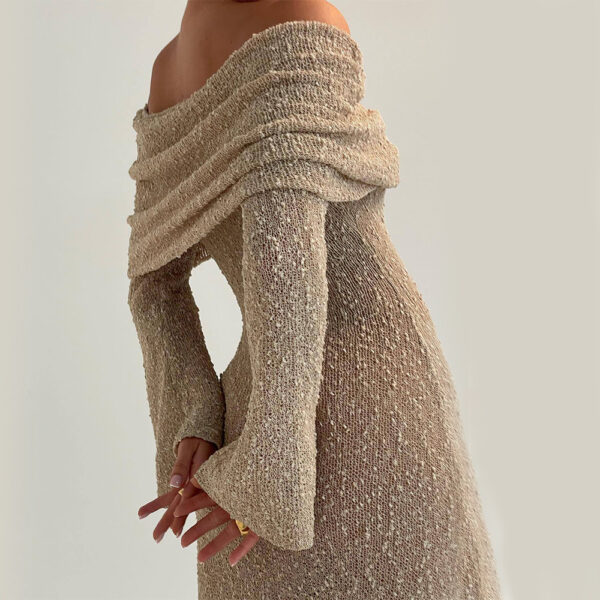 One-Shoulder Knitted Long Sleeve Dress Sexy Beach Holiday Womens Clothing - Image 4