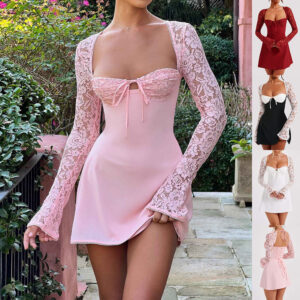 Fashion Sexy Y2K Lace Long Sleeve Dress Corset Backless Lace Up Short Dresses Womens Clothing