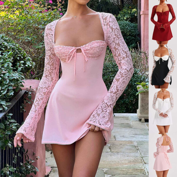 Fashion Sexy Y2K Lace Long Sleeve Dress Corset Backless Lace Up Short Dresses Womens Clothing