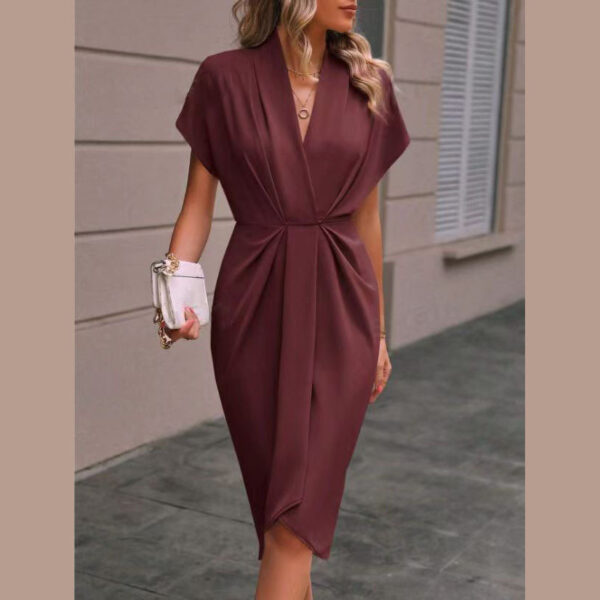 Pleated Dresses Summer Batwing Sleeve Dress Fashion V-neck Short Sleeve Womens Clothing - Image 2