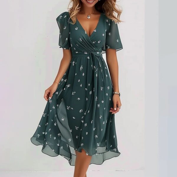Summer Elegant Chiffon Printed Short Sleeve Dress V-neck Dresses Womens Clothing - Image 10