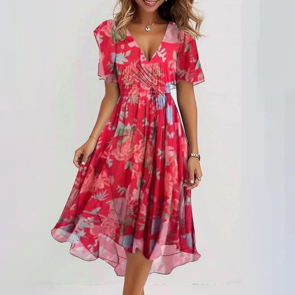 Summer Elegant Chiffon Printed Short Sleeve Dress V-neck Dresses Womens Clothing - Image 2