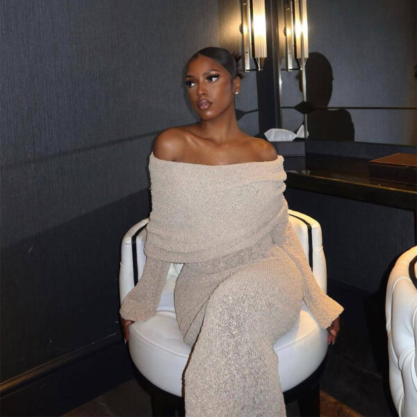 One-Shoulder Knitted Long Sleeve Dress Sexy Beach Holiday Womens Clothing - Image 6