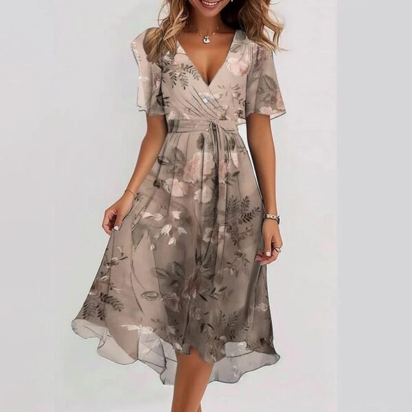 Summer Elegant Chiffon Printed Short Sleeve Dress V-neck Dresses Womens Clothing - Image 5