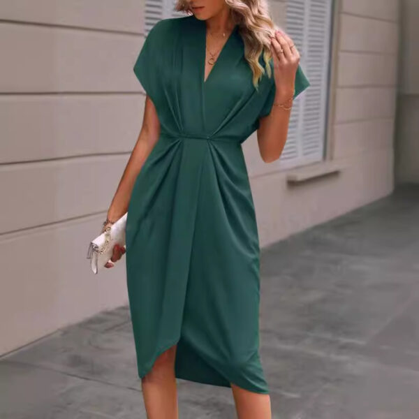 Pleated Dresses Summer Batwing Sleeve Dress Fashion V-neck Short Sleeve Womens Clothing - Image 5