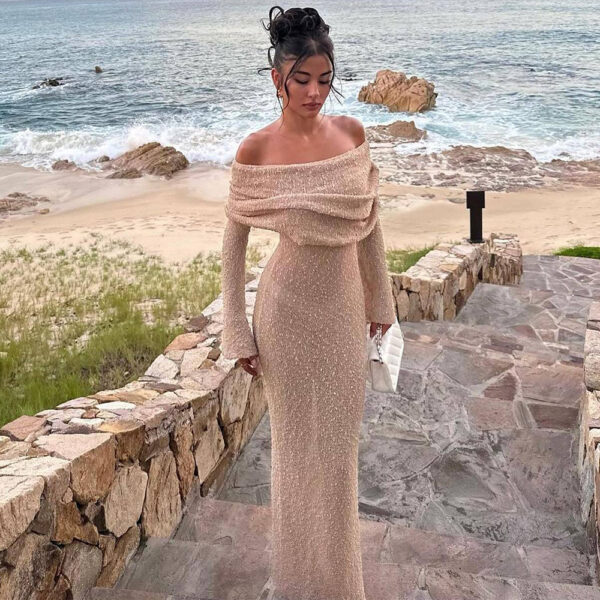 One-Shoulder Knitted Long Sleeve Dress Sexy Beach Holiday Womens Clothing - Image 7