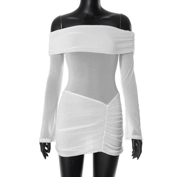 Mesh Stitching Off-neck Cold-shoulder Sequins Pleated Dress - Image 2