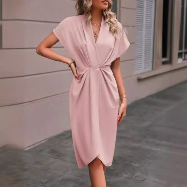 Pleated Dresses Summer Batwing Sleeve Dress Fashion V-neck Short Sleeve Womens Clothing - Image 4