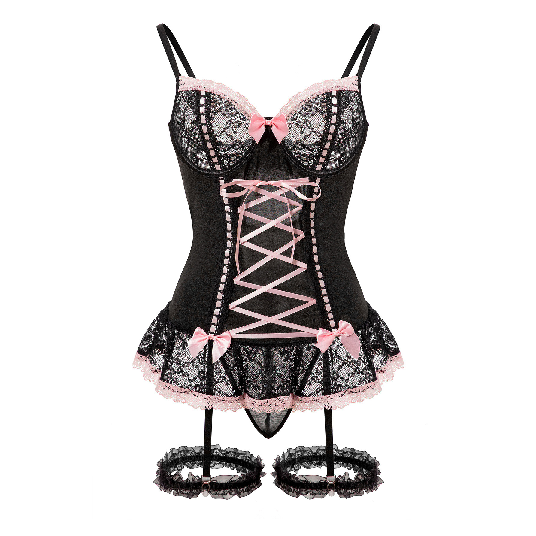 Women's Sheer Lace Bodysuit One-Piece Lingerie Set with Bow Accents