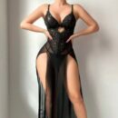 Women's Sexy Lace Mesh Babydoll Nightgown Lingerie Set